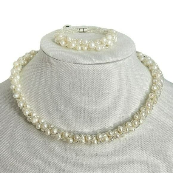 White Freshwater Pearls With Crystals Woven Thread Necklace Set Magnetic Clasp - Picture 1 of 8